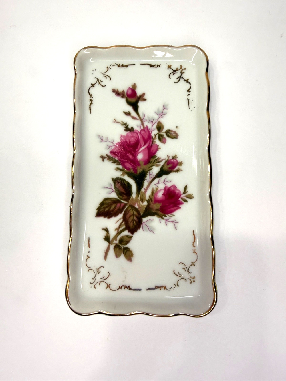 Vintage Porcelain Pink Rose Trinket Dish Vanity Tray Gold Trim